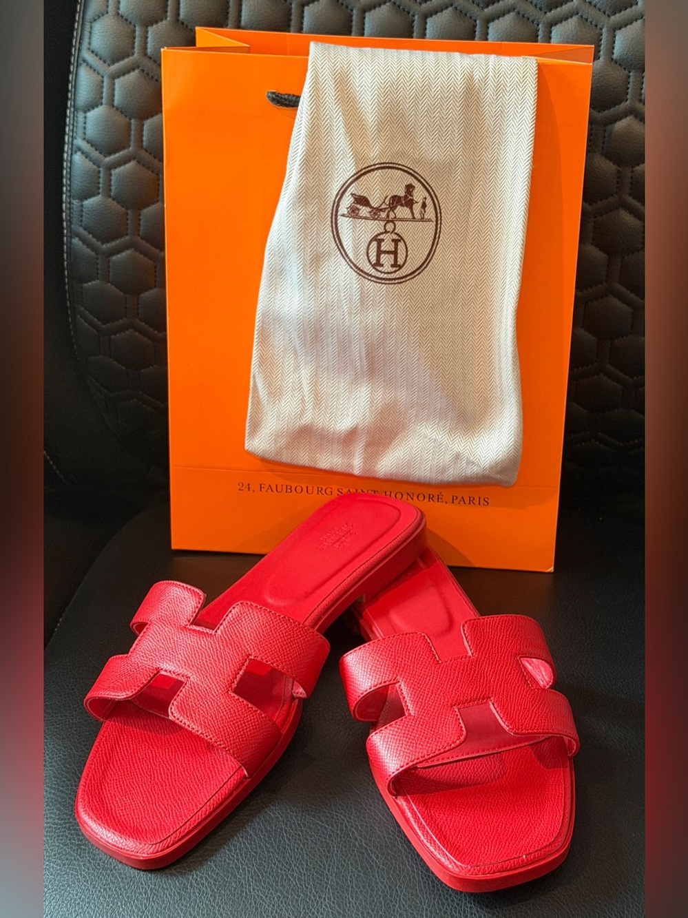 Red Leather H Slide Sandals-Size 40